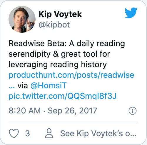 Readwise Beta: A daily reading serendipity & great tool for leveraging reading history https://producthunt.com/posts/readwise-beta via @HomsiT