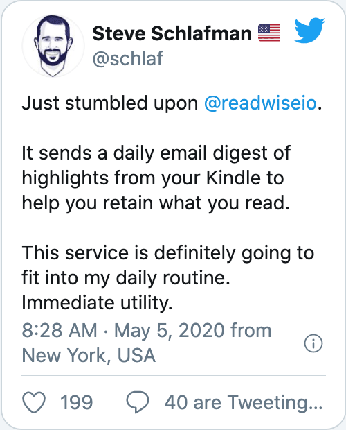 Just stumbled upon @readwiseio. It sends a daily email digest of highlights from your Kindle to help you retain what you read. This service is definitely going to fit into my daily routine. Immediate utility.